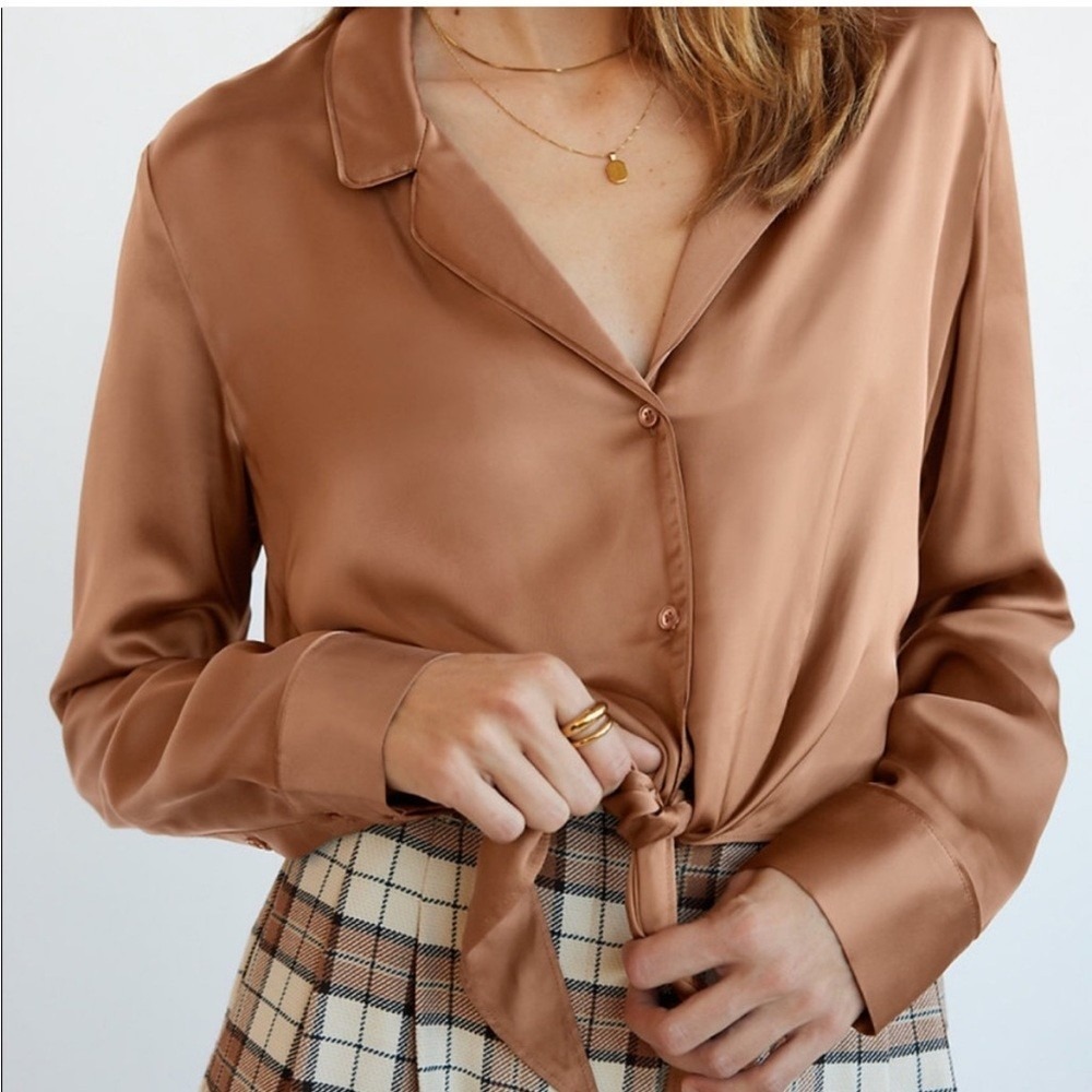 Wilfred Aritzia NWT Tie Front Saville Brown Button Front Blouse Top Size XS